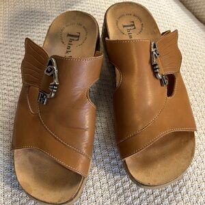 THINK! Mizzi Face Slide Tan Leather Cork Footbed Ortho Sandals 37